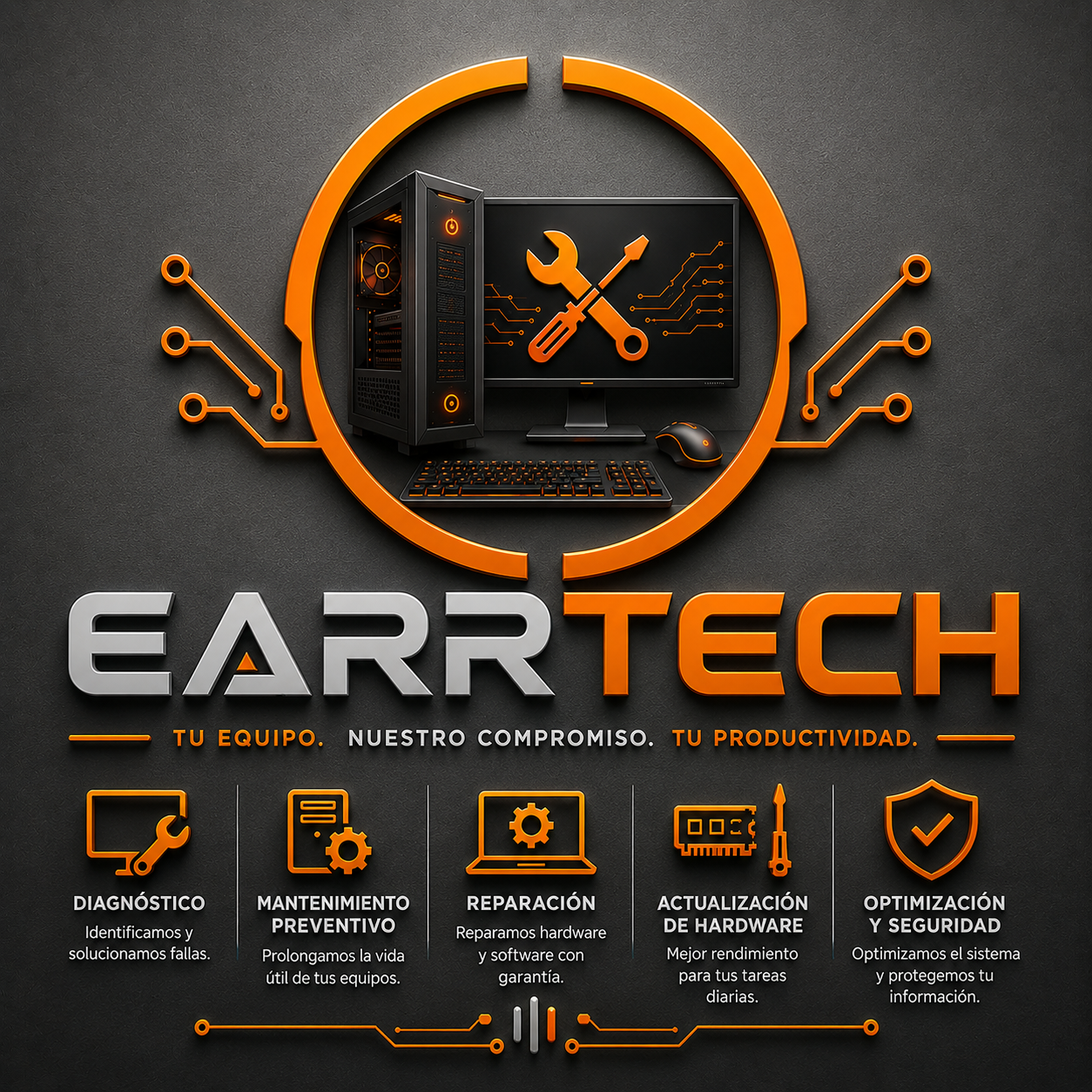 Identidad visual EARRTECH con computador y herramientas